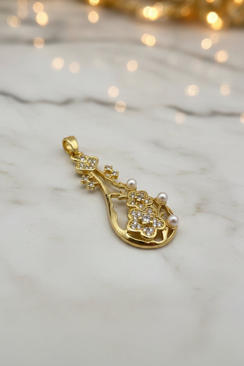 14K SMALL FLOWERS CZ WITH THREE PEARLS