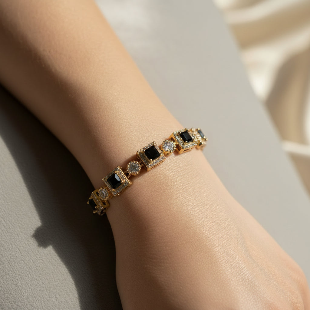 14K SQUARE LINKS WITH BLACK GEMSTONES BRACELET SS223C