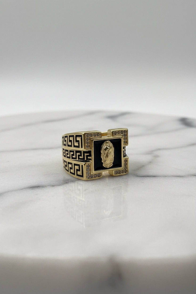 14K GREEK KEY VIRGIN MARY BLACK ONYX RING