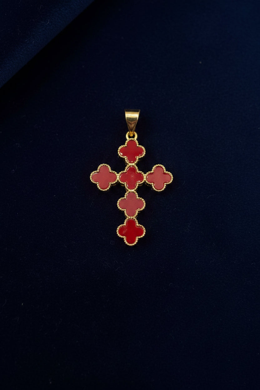 14K RED CLOVER CROSS PENDANT