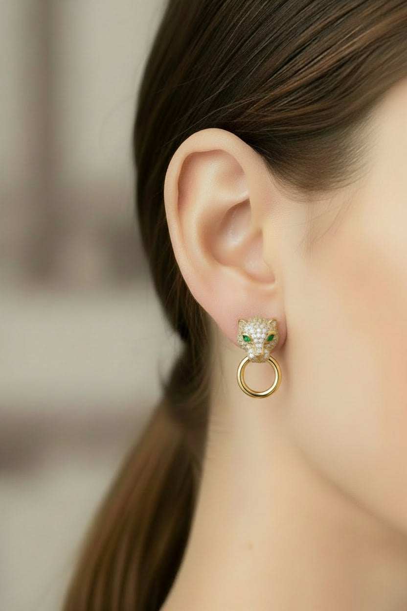 14K CLEAR JAGUAR HEAD EARRINGS  RQ389
