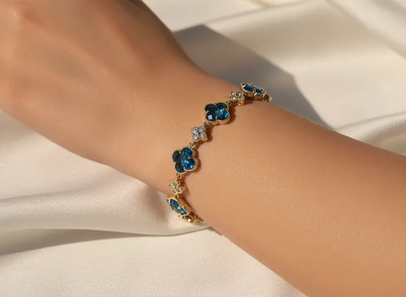 14K AQUAMARINE CRYSTAL CLOVER TENNIS BRACELET