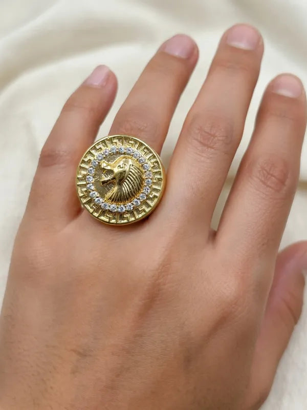 14K LION HEAD GREEK KEY SIGNET RING