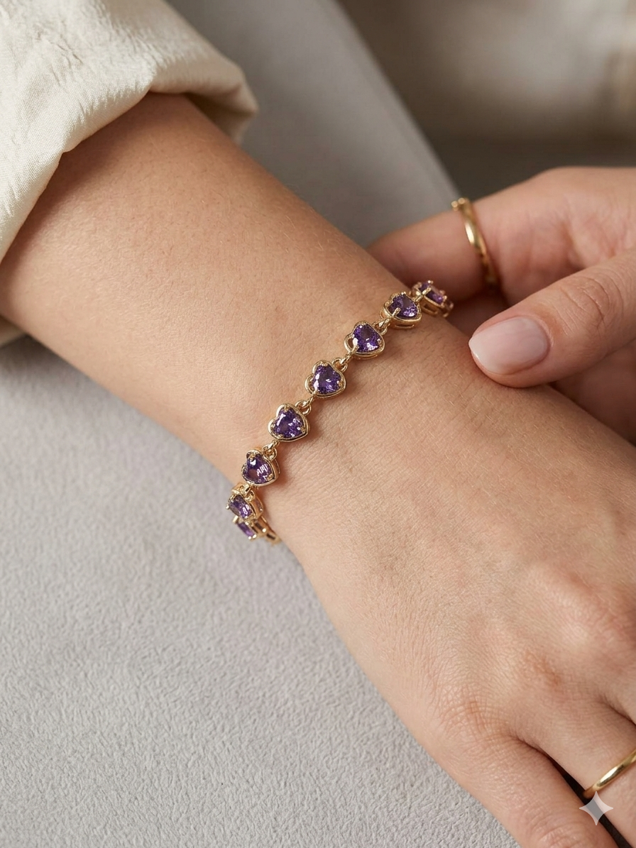 14K PURPLE AMETHYST HEART TENNIS BRACELET