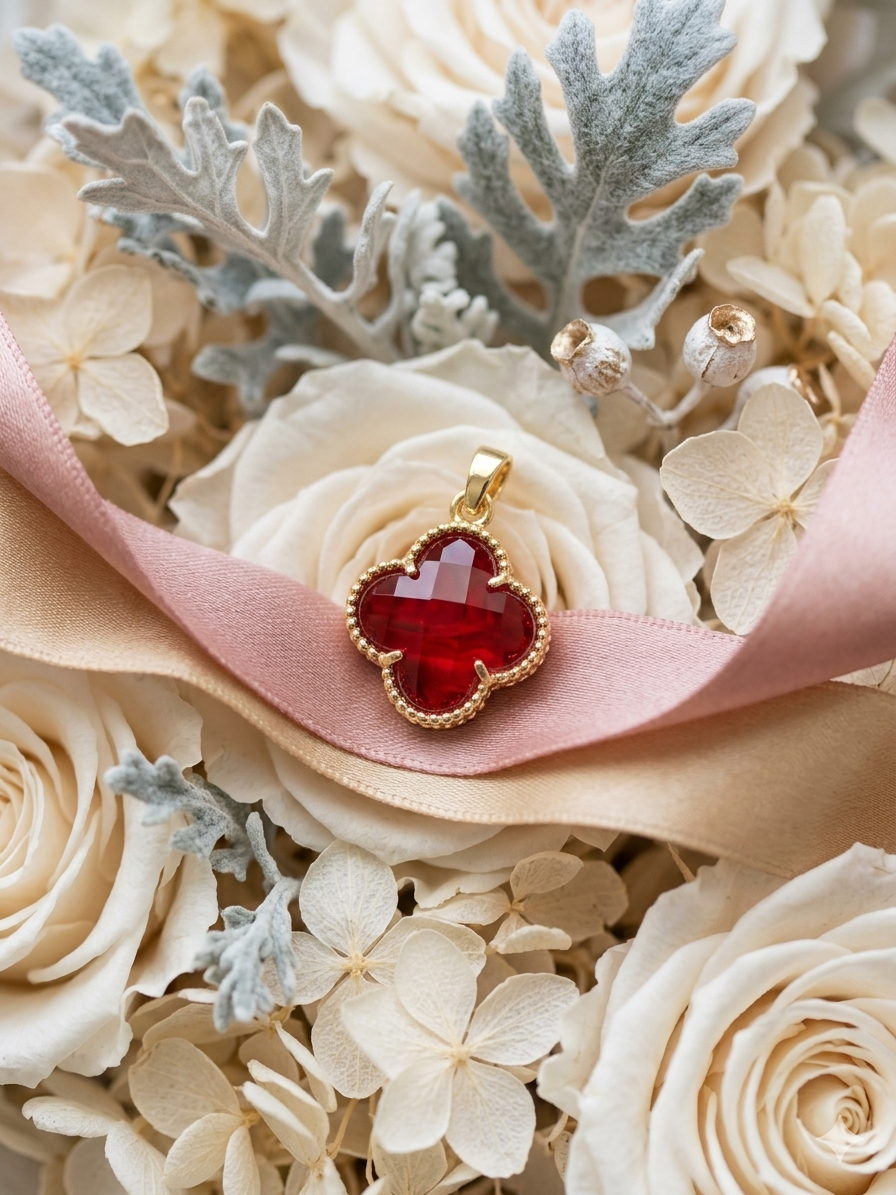 14K RED CRYSTAL CLOVER PENDANT