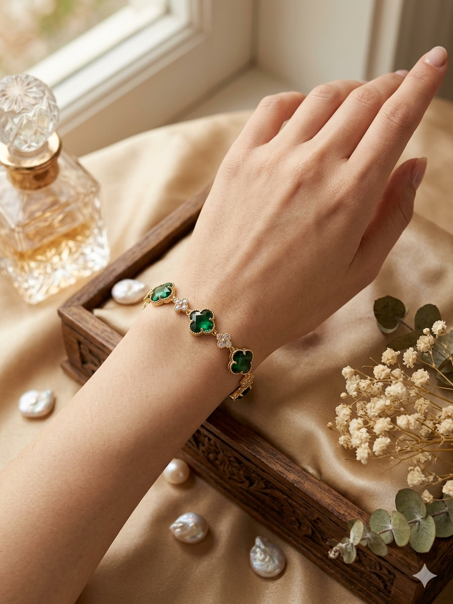 14K EMERALD GREEN CLOVER TENNIS BRACELET