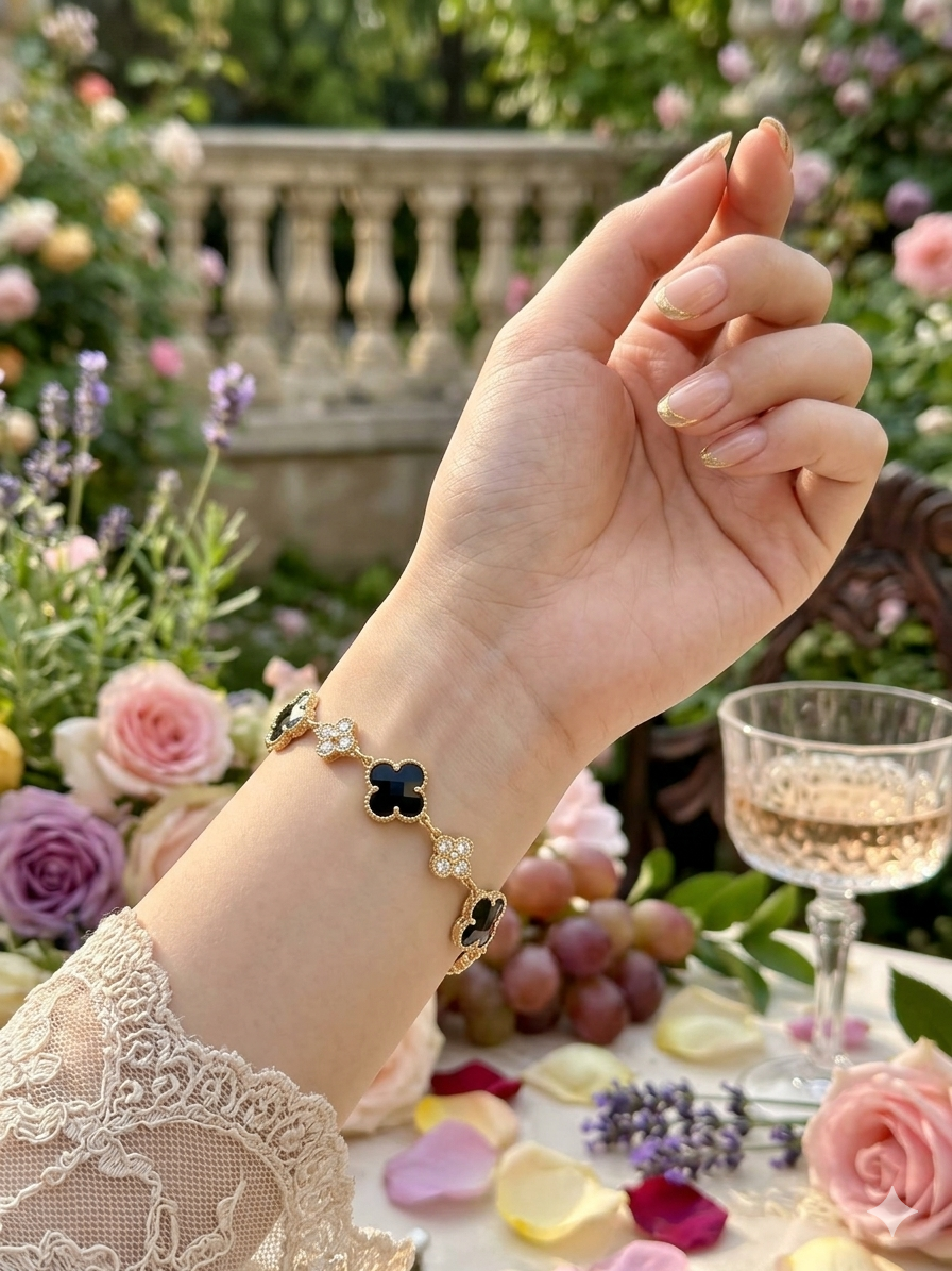 14K BLACK CRYSTAL CLOVER TENNIS BRACELET