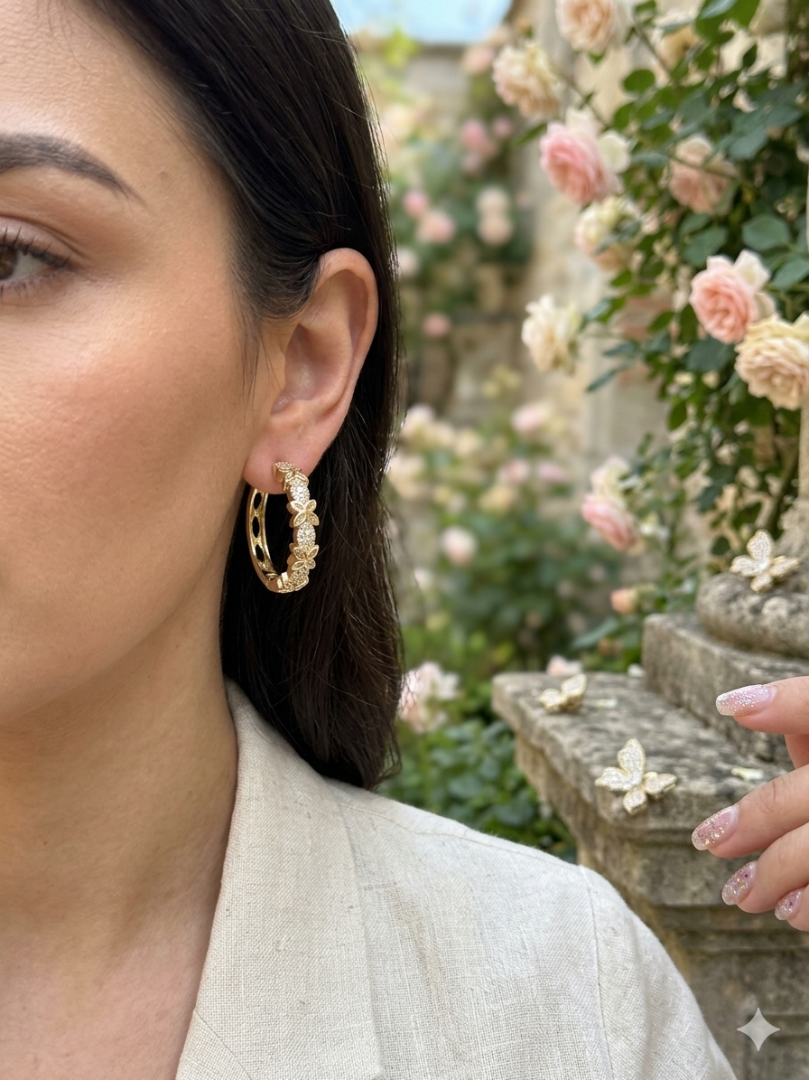 14K FLOWER AND BUTTERFLY HOOP EARRING
