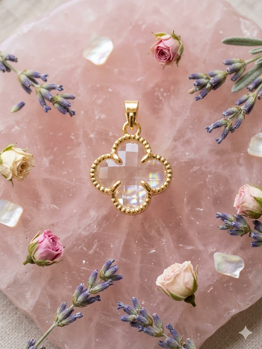 14K CLEAR CRYSTAL CLOVER PENDANT