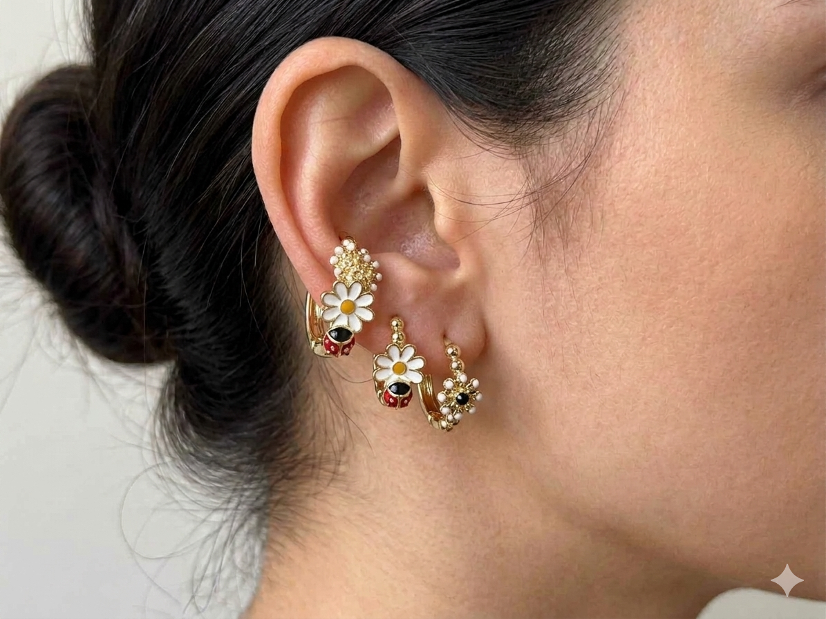 14K LADYBUG & DAISY HUGGIE EARRING TRIO X001168226
