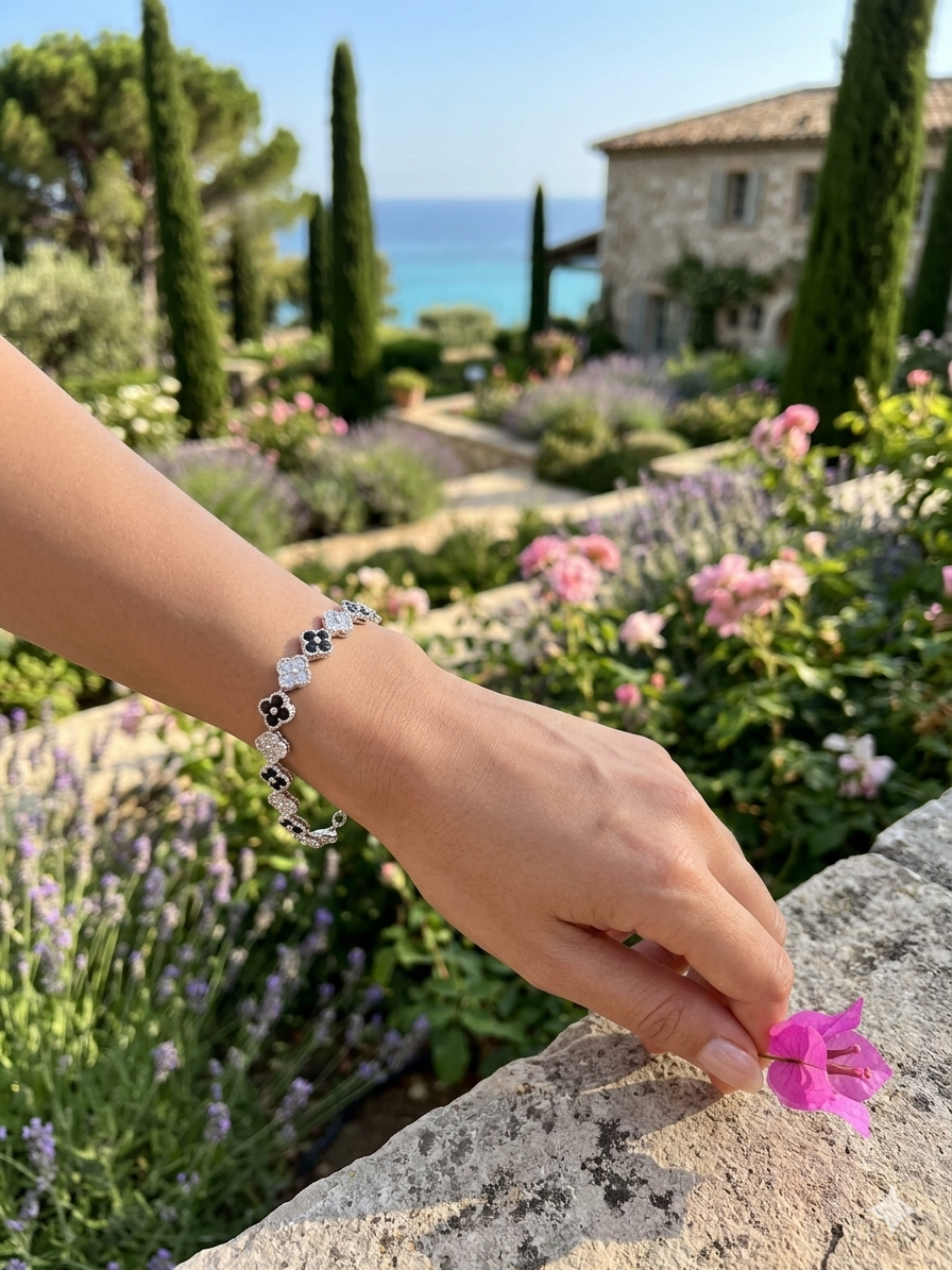 WHG TWO TONE BLACK & CLEAR CLOVER TENNIS BRACELET