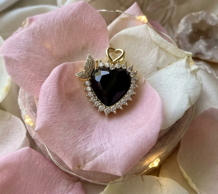 14K ONYX HEART BUTTERFLY PENDANT